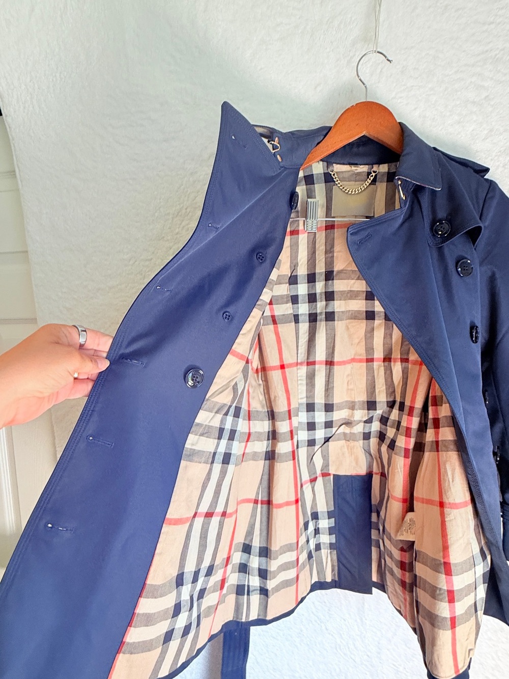 Geza Navy Double Breasted Belted Trench Coat Plaid Lined size 6 - Picture 3 of 5